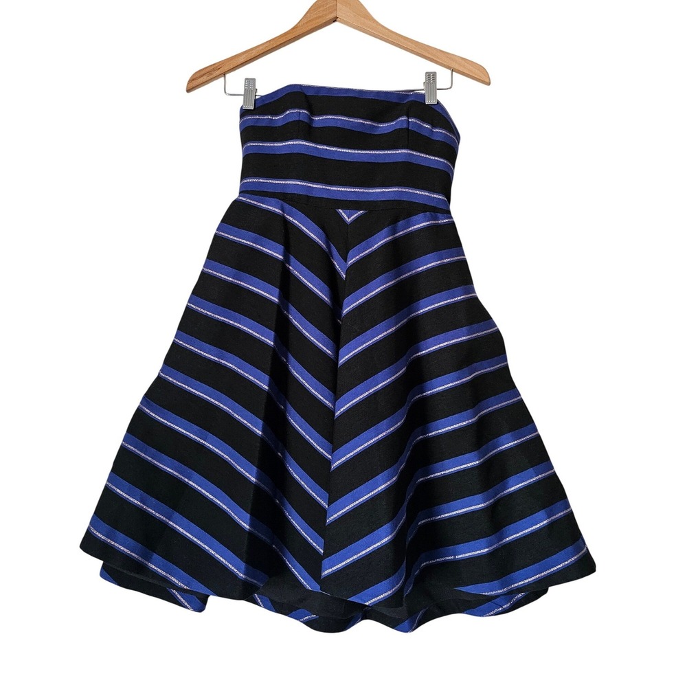 Halston Heritage Strapless Fit Flare Blue Black Cocktail Dress Size 0 Pockets